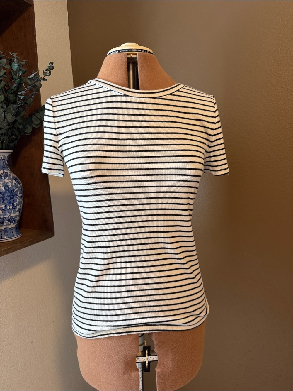 Time and Tru Black and White Striped Short Sleeve Tee